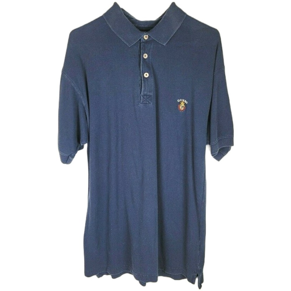 Vintage Guess Classic Polo Golf Shirt Mens Large Faded Navy Blue Collar Cotton